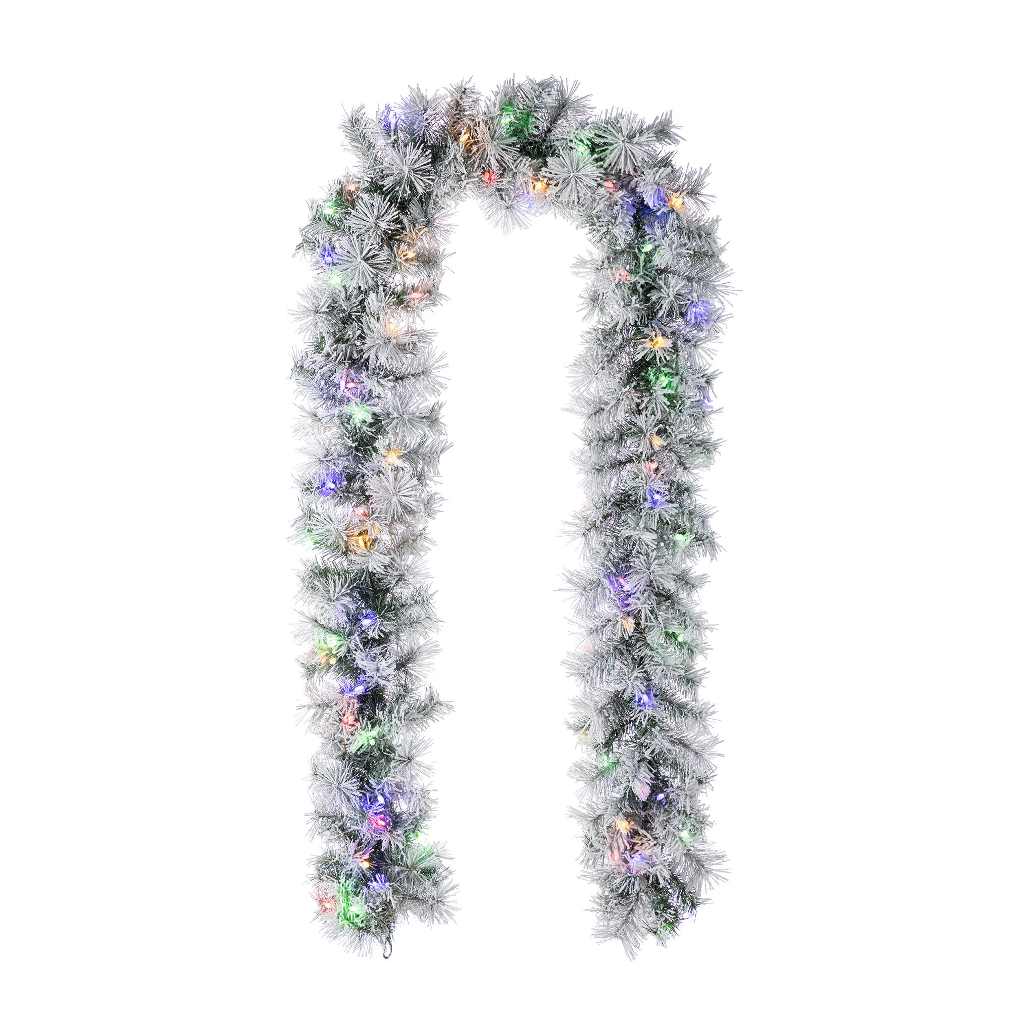 Glitzhome® 9ft Pre-Lit Snow Flocked Greenery Pine Christmas Garland with Timer